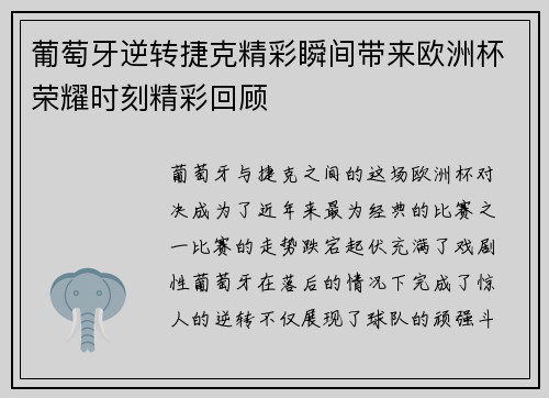 葡萄牙逆转捷克精彩瞬间带来欧洲杯荣耀时刻精彩回顾